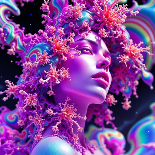 Prompt: Depict a surreal, multidimensional female figure—Merry—composed entirely from a living equation known as Fractal Drift in Hyperspace. Her body is sculpted from quaternionic Julia sets warped through Perlin noise and Möbius-space distortions, forming an endlessly flowing geometry. Self-similar coral-like filaments shimmer with radiant neon: hot pink, electric teal, oil-slick violet, and shimmering white. Her form is in constant, graceful flux—twisting inside-out along slow Möbius turns, subtly vanishing and reappearing like a being out of phase with known dimensions.

Hair becomes a halo of recursive fractal tendrils, sparkling with chaotic color harmonics, each strand flickering like data streaming from a dream. Her eyes are wells of curved spacetime, glowing black-indigo with gravitational pull. Her expression flickers across recursive interference waves—always shifting, always almost recognizable. Her skin is not skin, but compressed time rendered in color and motion.

Behind her, the void blooms into Recursive Graviton Bloom—a hyperbolic tiling in the Poincaré disk model, patterned in infinite nested symmetry. The grid curves and distorts from simulated gravitational lensing, giving it a warped-glass elegance. Through it drift Lorenz-attractor light filaments—ribbons of gold, red, blue, and ultraviolet, spiraling through space like alien synaptic pathways. A layer of Fourier interference waves rolls across the scene like a cosmic pulse, syncing to Merry’s breath. The entire scene feels sentient—as though space itself is watching her unfold.