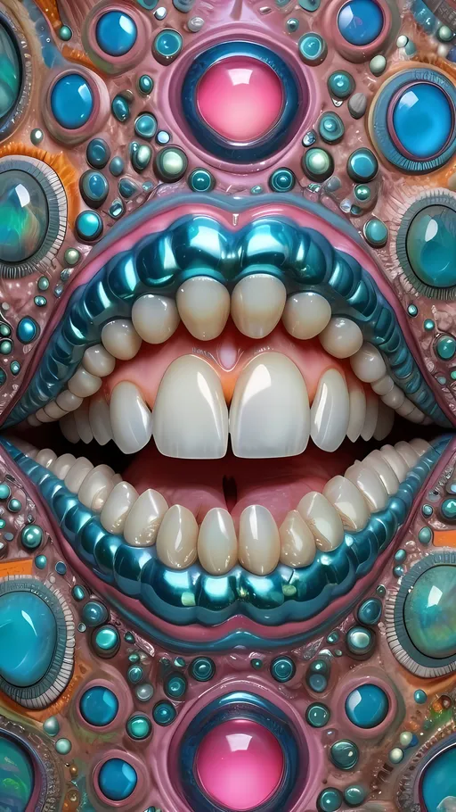 Prompt: an extremely hyper realistic ultra super textural weird trippy surreal psychedelic entity, Cardioid Curves, ,,, translucent, pearlescent finish, inlaid opal, silver, pyrite, quartz,, chrome, bright vivid teals, blues, pinks/yellows/greens, lots and lots of light, lots of crazy colorful compound psychedelic human eyes, rows of human teeth, human lips, tongues, fungus,  atoms, diatoms,, Cardioid Curves, Tessellation, Penrose tiling, extreme high definition organic and mineral textures