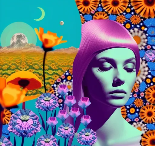 Prompt: A psychedelic collage evoking a vintage 70s sci fi feel but I stead of the sci-fi theme let’s do wildflowers. Photos and art of wildflowers spliced with things like psychedelic patterns/optical illusions, landscapes, geometry, mushrooms/fungus, insects, crystals, gemstones, the sun & moon, etc. Employ a pretty floral color pallet but keep that surreal feel in this natural organic psychedelic collage<mymodel> 