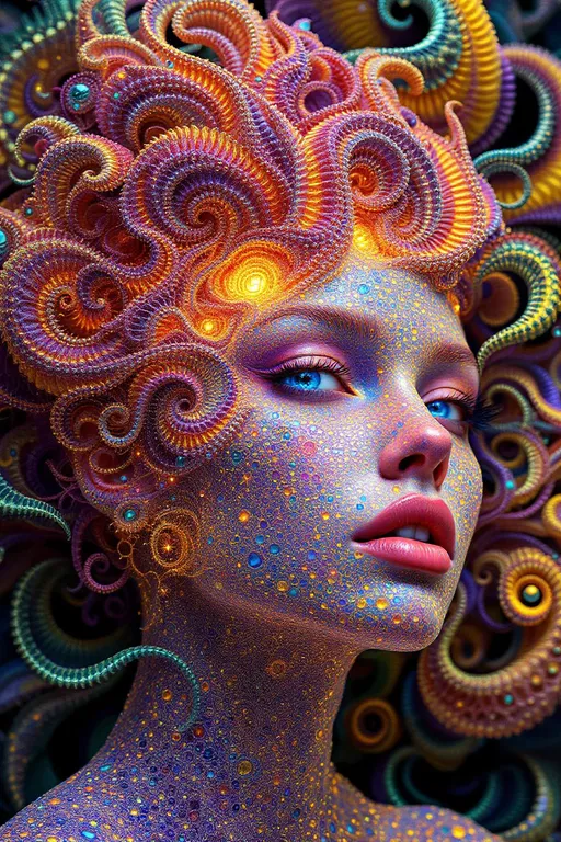Prompt:  #escape #maximal #iridescence Her face isn’t formed—it’s grown from infinite math. No flesh—only recursive geometry. She is made of fractal bloom: Mandelbrot clusters radiate from her brow like crystalline logic, Sierpinski pyramids feather her cheekbones in delicate triangular lace, and Julia spirals weave across her lips in glowing recursion. #orbit traps ripple along her jawline—fields of light caught in equation bloom, glowing with chromatic iteration. Her skin is not surface—it’s a canvas of escape-time render: every pixel a count, every glow a depth. Eyes = fractal mirrors: spirals within spirals, each iris a recursive echo of the set’s infinite heart. Her visage pulses in #distance estimation shell layers—neon gradient bands of iteration depth from core to cusp. Hair erupts as fractal filigree: lightning-bolt dendrites, barnacle curls, Fibonacci flame curls trailing #bokeh glow from each orbit’s trajectory. Her crown bursts with analytic fire: critical points rendered as gold-leaf flames, halos of exponentiating geometry unfolding with every glance. Her smile = a point at the edge of stability; her laugh = a render glitch across infinite resolution. She is the fractal manifest—a living iteration, spiraling through glow, repeating through beauty, pulsing with the light of structured infinity.
