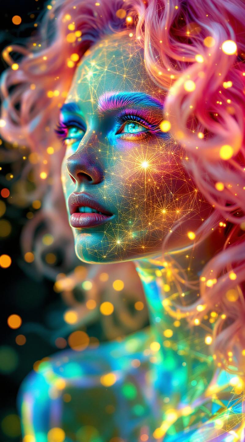 Prompt: Her face is a modular masterpiece—cheekbones traced with the shimmer of moonshine symmetry, every angle tuned to a hidden harmonic. Newton fractal veins glow faintly beneath translucent skin, shifting in color with each emotion. Her eyes burn with prime number fire, irises tiled in Penrose symmetry, blinking with curved light logic. Laughter echoes in Hilbert paths across her cheeks—space-filling joy spirals, soft and bright. Hair spills around her in radiant pink curls, styled by quasiperiodic forces and recursive wave equations—each strand flowing in luminous fractal tension. Geometry pulses at the hairline, recursive symbols glinting in neon mathdust. She is wrapped in hyperbolic aura-rings, layered in color-feedback like living topology, her presence refracting sacred math through joy, emotion, and colorfields.”

⸻

Visual Keywords:
Modular face symmetry, Newton glow skin, Penrose-tiled irises, Hilbert smile trails, pink recursive curls, fractal symbol halo, hyperbolic color aura, neon mathdust, prime fire eyes