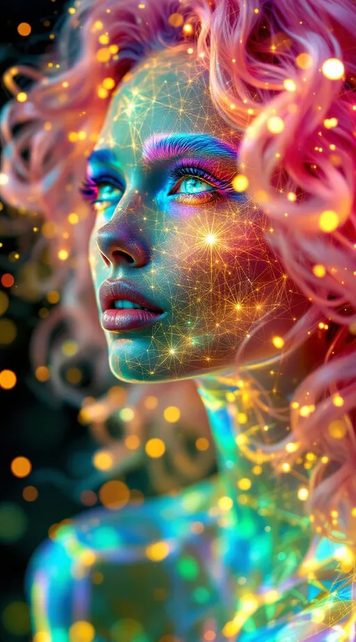 Prompt: Her face is a modular masterpiece—cheekbones traced with the shimmer of moonshine symmetry, every angle tuned to a hidden harmonic. Newton fractal veins glow faintly beneath translucent skin, shifting in color with each emotion. Her eyes burn with prime number fire, irises tiled in Penrose symmetry, blinking with curved light logic. Laughter echoes in Hilbert paths across her cheeks—space-filling joy spirals, soft and bright. Hair spills around her in radiant pink curls, styled by quasiperiodic forces and recursive wave equations—each strand flowing in luminous fractal tension. Geometry pulses at the hairline, recursive symbols glinting in neon mathdust. She is wrapped in hyperbolic aura-rings, layered in color-feedback like living topology, her presence refracting sacred math through joy, emotion, and colorfields.”

⸻

Visual Keywords:
Modular face symmetry, Newton glow skin, Penrose-tiled irises, Hilbert smile trails, pink recursive curls, fractal symbol halo, hyperbolic color aura, neon mathdust, prime fire eyes