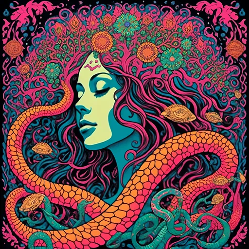 Prompt: <mymodel>Trippy, psychedelic poster art illustration of Eve with snake, victorious forbidden knowledge, loving, gracious, tree of life fruit, vibrant colors, intricate patterns, high quality, detailed illustration, psychedelic art, surreal, loving  gaze, vibrant color palette, intricate details, symbolic, graceful pose, spiritual, mystical lighting