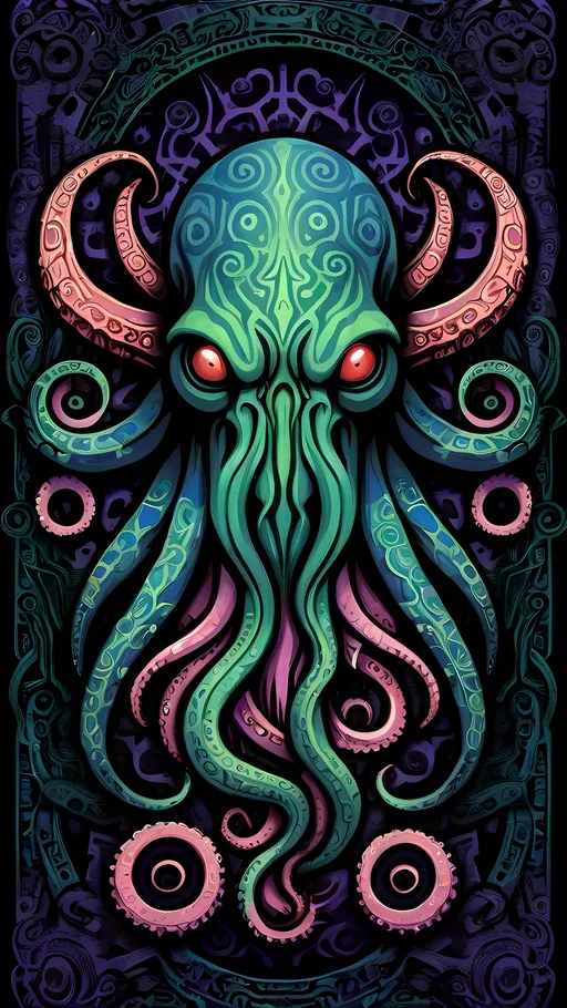 Prompt: a psychedelic tribal primal style Cthulhu, tribal patterns, effigy, eldritch, lovecraftian, elder god, tentacles, cthulhu ftaghn, nonEuclidean geometries, rhlyeh, miskatonic