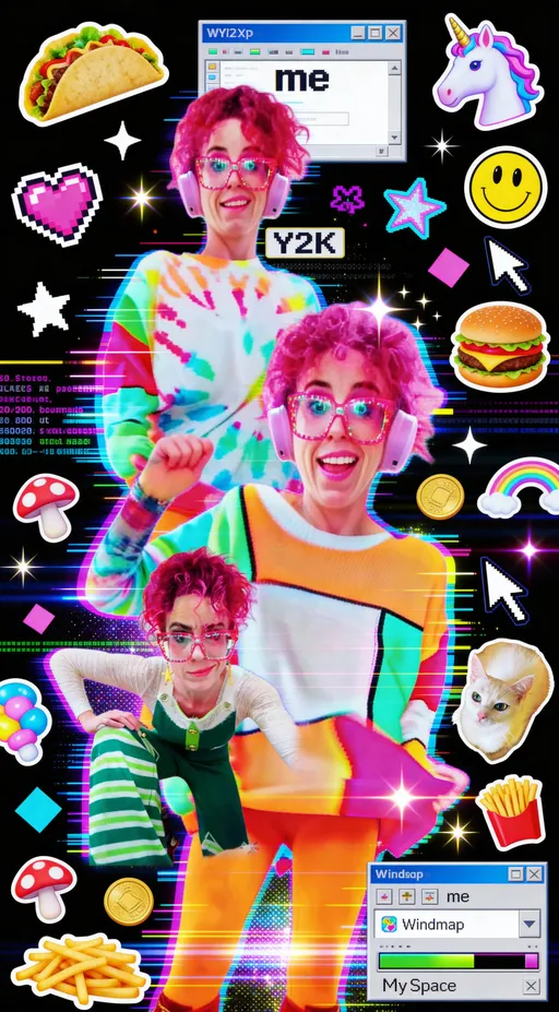 Prompt: Chaotic but subject-forward Y2K-inspired digital collage built from all provided reference images, with the repeated “me” figures as the clear focal points. The composition centers and frames the me’s prominently, layered at multiple scales and poses, while the surrounding elements act as playful background clutter—not obscuring faces or bodies.

Hyper-saturated early-internet color palette (hot pink, electric blue, acid green, cyber purple, highlighter yellow), with controlled pixelation, JPEG artifacts, scanlines, CRT glow, glitter gradients, lens flares, and sparkly starbursts that enhance rather than overwhelm the subjects. The me’s remain crisp, bright, and visually dominant against the chaos.

Background and midground packed with selective Y2K kitsch: pixel hearts, smiley faces, low-poly stars, unicorn stickers, candy, mushrooms, game HUD fragments, coins, power-ups, cursors, and floating geometric shapes (grids, zigzags, wireframes). Food elements (tacos, cheeseburgers, fries) appear sparingly as sticker-like accents, not walls of noise.

Scattered UI debris—WinXP / dial-up windows, Winamp skins, MySpace-style chat bubbles, loading bars, pop-ups—kept smaller and pushed behind or around the me’s. Text fragments mix real 2000s slang (LOL, OMG, BRB, RAWr XD, SO RANDOM, EPIC FAIL) with light pixel gibberish, used as visual texture rather than dominant text blocks.

Intentional visual noise remains present but controlled: light datamosh streaks, chromatic aberration, RGB splits, cut-and-paste collage edges, frozen GIF motion blur. Mix of 2D stickers and glossy faux-3D icons. No empty space, but clear visual hierarchy.

Overall vibe: joyful Y2K internet chaos with the me’s as the star—playful, loud, nostalgic, sparkly, and legible. A MySpace profile and early Flash site colliding, but with the subject always winning.