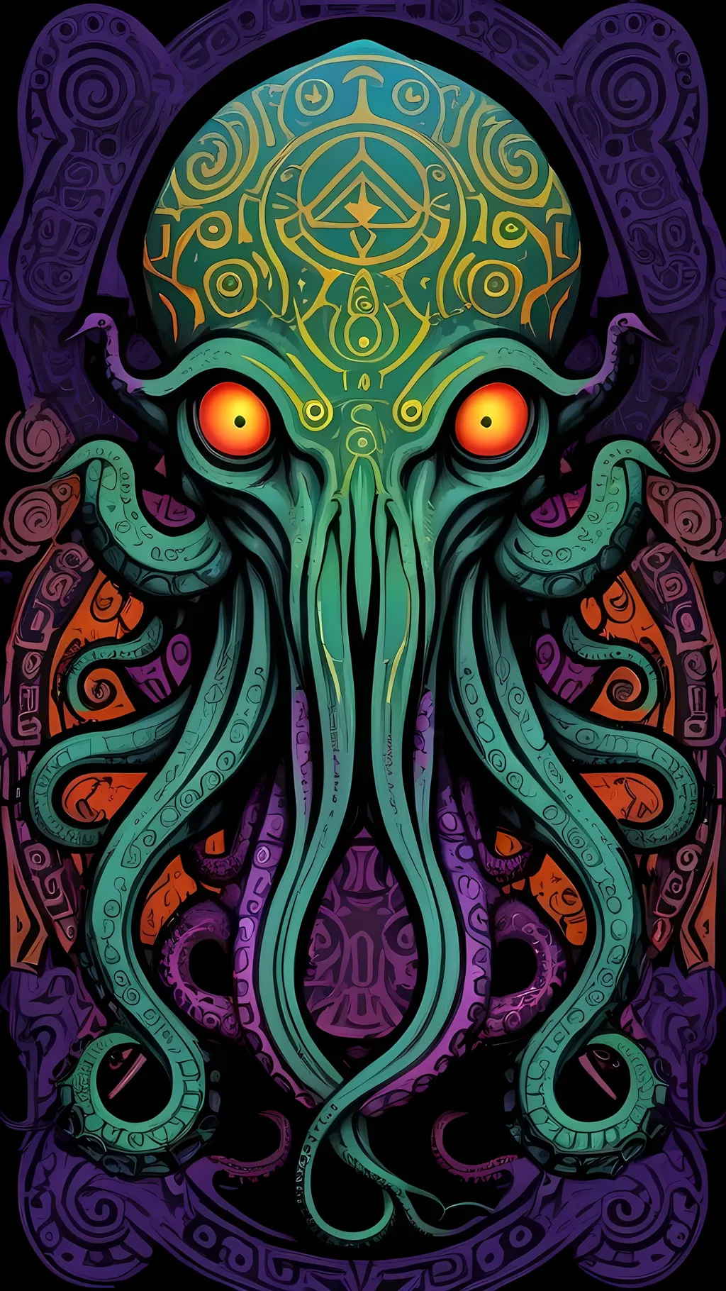 Prompt: a psychedelic tribal primal style Cthulhu, tribal patterns, effigy, eldritch, lovecraftian, elder god, tentacles, cthulhu ftaghn, nonEuclidean geometries, rhlyeh, miskatonic