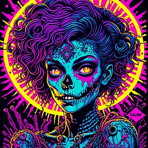 Prompt: <mymodel>70s black light poster, retro punk zombie babe, vibrant oooze, psychedelic, high quality, vector illustration, retro, punk, zombie, vibrant colors, neon lighting, oozing details, vintage, psychedelic art, retro fashion, glow effects, detailed hair, mesmerizing eyes