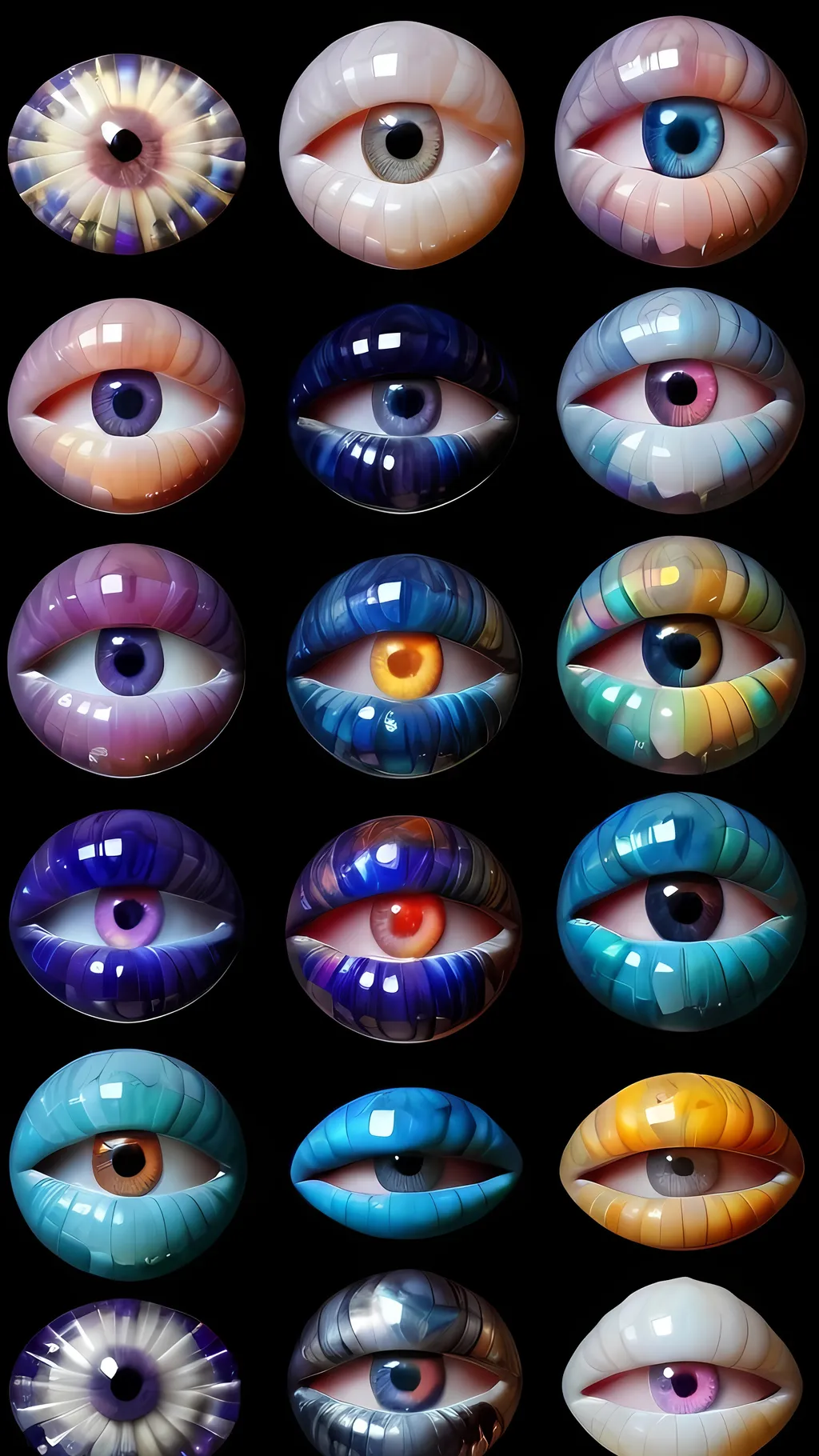 Prompt: Create an extremely hyper-realistic, ultra super textural, weird, trippy, surreal, psychedelic eyes/teeth/mouth pattern/design based on Mandelbrot & “Op Art tiling” with lots of human eyes (crazy colorful compound psychedelic), rows of human teeth, human lips, and tongues. 

- **Colors**: determined by the properties and expressions of the elements (& their isotopes), minerals, and metals: opal, moonstone, amethyst, rose quartz, Platinum (Pt)

**Shapes and forms**
- Mandelbrot 
- "Op Art tiling" 
-other shapes determined by the natural properties and expressions of the elements (& their isotopes), minerals, metals, and biological organisms: opal, moonstone, amethyst, rose quartz,  Platinum (Pt)


- **Textures**: Derived from any/all elements (& their isotopes), minerals, metals, crystals, organic things mentioned in this prompt: opal, moonstone, amethyst, rose quartz, Platinum (Pt)

**Composition and Layout**:
- a pattern/design based on the Op Art tiling & Mandelbrot 

**Lighting**:
- lots of bright light
- Iridescence

**Detail and Atmosphere**:
- Extreme hyperrealistic sharp high detail high definition organic and mineral textures
- Psychedelic, weird, odd, surreal atmosphere
- Frozen in time

**Additional Elements**:
- extra rows of teeth, lips, many eyes, Op Art tiling, Mandelbrot, Iridescence
