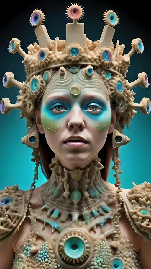 Prompt: Extremely hyperrealistic ultra textural trippy surreal beautiful but odd unsettling psychedelic creature- a psychedelic diatomaceous creature entity queen crown jewelry cape with lots of crazy psychedelic human compound eyes, rows upon rows of human teeth.  head, face, body, limbs, fungus, Mandelbrot, oil slick rainbow sheen effect, holographic, hologram, translucent, vivid colors white, tons and tons of light, bright pastel colors, Gyroid Structures. Diatoms: bacillariophyta, siliceous, valves, girdle bands, raphe, striae, puncta, areolae, costae, rimoportula, fultoportula, chloroplasts, auxospore, epitheca, hypotheca, mucilage, frustule symmetry, valve morphology, pennate diatoms, centric diatoms, motile, non-motile, biofilm, epiphytic, epilithic, epipsammic, biogenic silica, diatomaceous earth, primary producers, carbon fixation, biogeochemical cycles, diatom blooms, paleoecology, nanostructures, microalgae, environmental indicators, aquatic ecosystems. geometric, symmetrical, radial, bilateral, elongated, circular, triangular, oval, star-shaped, pennate, centric, intricate, lattice-like, perforated, silica, frustules, ornate, microscopic, diverse, varied, delicate, transparent, golden-brown, pillbox-shaped, chain-forming, solitary, colonial, planktonic, benthic,