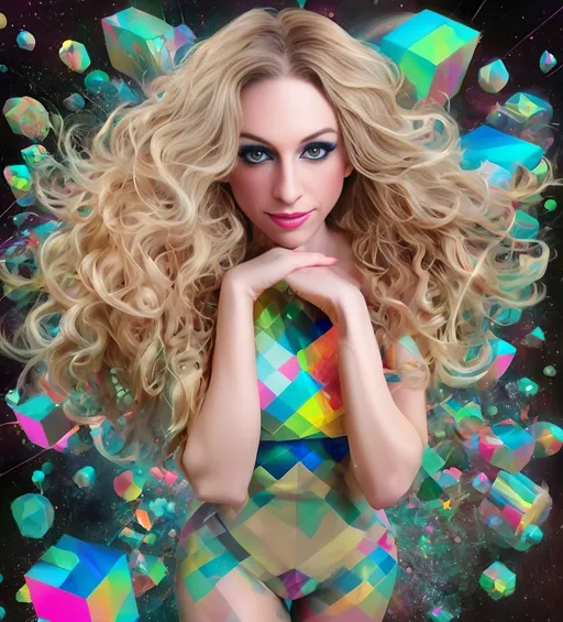 Prompt: a psychedelic hallucination of a female with long blond curly hair modeling avant Garde fashions accessories and makeup created directly out of multidimensional geometry fractals, hypercubes, non Euclidean geometry, psychedelic fashion halucinations 