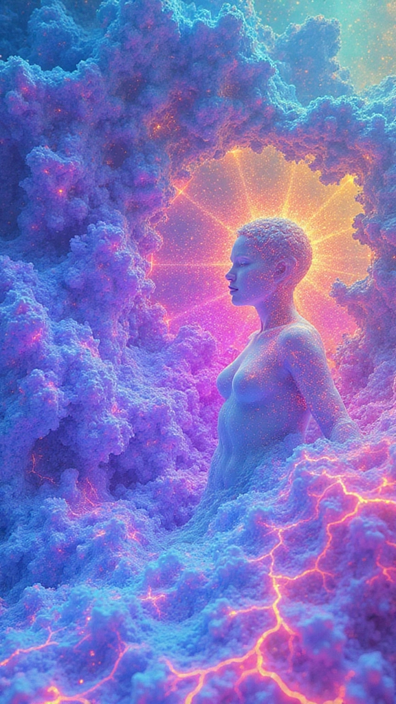 Prompt: 
A hyper-complex fractal tapestry of cellular recursion and sacred tessellations, infused with holographic iridescence in vivid neon blues, pinks, magentas, and golds. Embedded within the fluid architecture is a ghostly humanoid form — semi-translucent, emerging from the lattice of glowing Mandelbrot veins and Penrose tilings. Their silhouette flickers with electric filaments, as though woven from plasma and thought, nested in the chaotic harmony of sacred geometry. Their aura dissolves into a pattern of expanding Julia spirals, like breath made visible in color. Around them, fractal cells expand and contract like a living, sentient network — a divine machine, breathing and dreaming. Negative space traces their limbs in shadow geometry, subtly outlined by fluid black voids. Every node is a mirror, every curve a reflection of infinite self, bathed in oil-slick iridescence that glows from within like starlight pressed into form