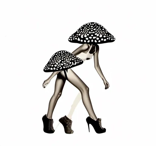 Prompt: a mixed media collage of a girl wearing or growing mushrooms/fungus as clothing body parts and accessories. She is a black and white or halftone photograph, the mushrooms and fungal growths are to be mixed media, including but not limited to paint, enamel, foils, glitter, sparkle, sequins, found objects, natural items, rhinestones etc <mymodel>