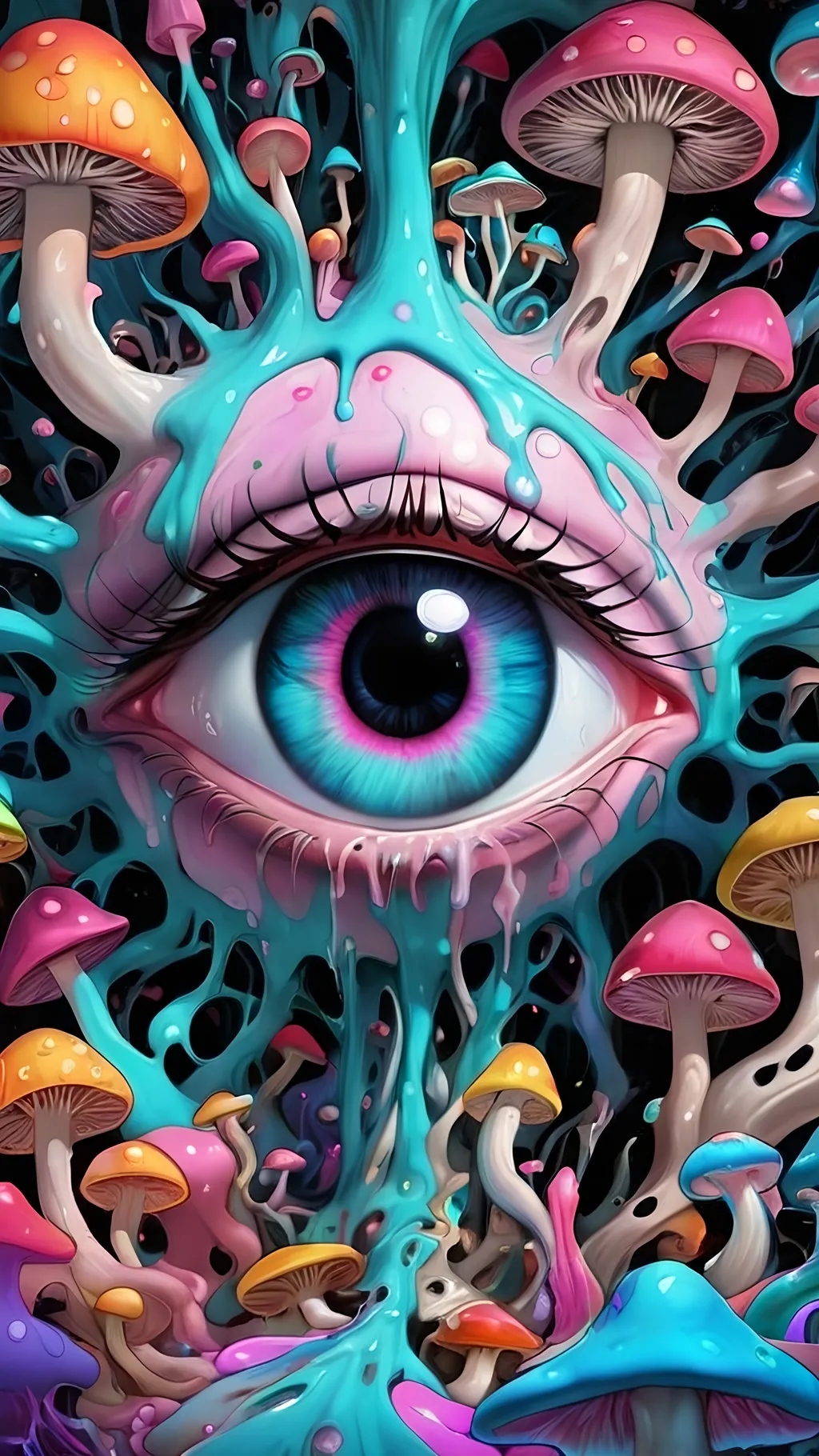 Prompt: Psychedelic, weird, surreal, bizarre, ineffable, numinous, lots of crazy weird inhuman psychedelic trippy eyes, melting, trippy, reality breaking down, hallucinations, drippy, dissolutionment, blobs,atoms, electrons, mushrooms, fractals, multidimensional, oozing, oridescent pastel colors,psychedelic hyper realism, ultra high resolution, surreal, digital art, intense lighting, bright pastel hues, abstract, confusing, looking at you, ultra detailed textures