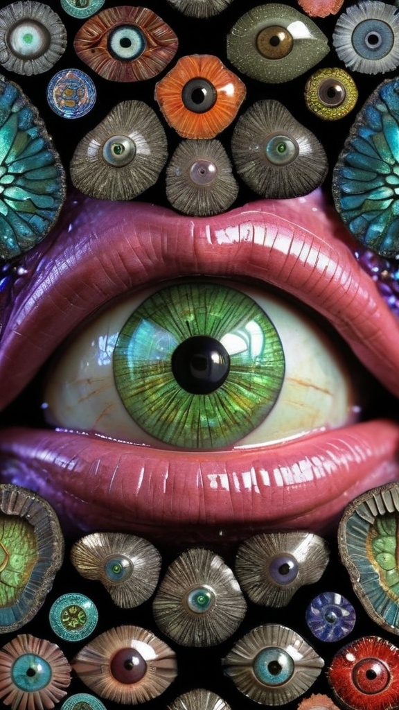 Prompt: Create an extremely hyper-realistic, ultra super textural, weird, trippy, surreal, psychedelic eyes/teeth/mouth pattern/design based on “Seed of Life” with lots of human eyes (crazy colorful compound psychedelic), rows of human teeth, human lips, and tongues. 

- **Colors**: determined by the properties and expressions of the elements (& their isotopes), minerals, and metals: Nickel (Ni), Aventurine, Chrysoberyl

**Shapes and forms**
- “Seed of Life”
-other shapes determined by the natural properties and expressions of the elements (& their isotopes), minerals, metals, and biological organisms: diatoms, Nickel (Ni), Aventurine, Chrysoberyl


- **Textures**: Derived from any/all elements (& their isotopes), minerals, metals, crystals, organic things mentioned in this prompt: “Seed of Life” Nickel (Ni), Aventurine, Chrysoberyl

**Composition and Layout**:
- a pattern/design based on the “Seed of Life”

**Lighting**lots and lots of bright shining reflective light
- Trichroism


**Detail and Atmosphere**:
- Extreme hyperrealistic sharp high detail high definition organic and mineral textures
- Psychedelic, weird, odd, surreal atmosphere
- Frozen in time

**Additional Elements**:
- extra rows of teeth, lips, many eyes, diatoms, “Seed of Life” , Aventurescence, Chatoyancy
