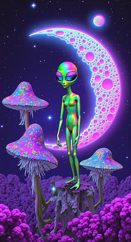 Prompt: **Moonlit Offering - AI Art Prompt**

Create an artwork featuring an alien lounging casually on a crescent moon, its surface dotted with craters. The alien, with an aura of casual friendliness, is offering psychedelic psilocybin mushrooms towards the viewer. A silver holographic ufo hovers nearby, covered in colorful lights and emitting a beam that shines into the mushrooms. It is covered in fine intricate details. Alien glyphs are written into the scene as text 

The alien should embody a blend of charm and mystery, perhaps with green skin, a sleek bald head, and large, expressive eyes. Its attire can be a fusion of avant-garde fashion and cosmic elements, adding an extra layer of intrigue.

The crescent moon serves as a serene and mystical setting, floating amidst a starry night sky. The scene is filled with intricate details, from the texture of the moon's craters to the ethereal glow of the mushrooms.

Incorporate subtle cosmic motifs and psychedelic patterns into the composition, enhancing the dreamlike atmosphere. The artwork should balance hyperrealistic textures with a whimsical, illustrative style, capturing the magic of this lunar encounter. 

Fill the negative space with fine intricate alien and psychedelic details like fractals, melting, not overpowering but subtle