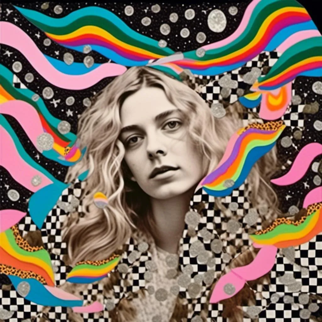 Prompt: <mymodel>Mixed media collage of a woman wing long blond curly hair having a psychedelic experience, herself a photograph, maybe in black and white or halftones, with mixed media hallucinations swirling around her, and mushrooms growing out of her made from paint, foils, glitter, sequins, stones, ripped and folded paper, thread, etc