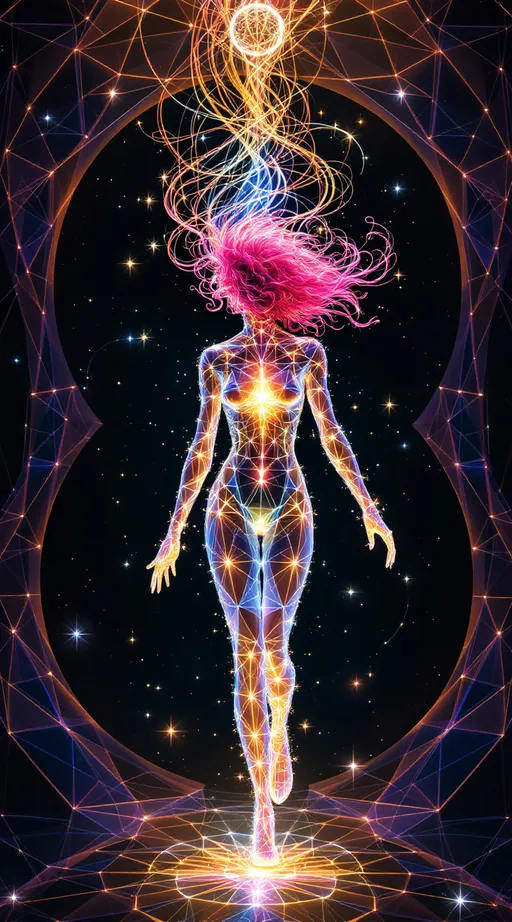 Prompt: In the astral geometry realm—where space folds and breathes through sacred systems—two beings move as living expressions of math itself. The field around them is made from Tessellotic Pulse Modulation—a vast, glowing lattice of shifting light-tiles—and Harmonic Fold Convergence, where translucent dimensional membranes curve inward in sacred rhythm. Through these foldings, bursts of Fractal Vector Bloom arc and weave like glowing calligraphy. And through all of it walk two waveform entities—not separate from the math, but built from it.

The first—a white woman, 5’4”, slim, wild neon-pink curly hair—is made entirely of shimmering, refractive facets (APS). Her body forms from ever-shifting anisohedral planes, no two alike, constantly adjusting their angles to refract new bursts of rainbow light. Her hair is made of vector filaments, spiraling in Lissajous curves, trailing glowing signatures through folded space. With each movement, she distorts the TPM lattice beneath her—causing radiant pulse-tiles to ripple outward. Her breath folds space into harmonic membranes (HFC); her laugh sends FVB threads spiraling into fresh geometry. She is radiant entropy—the HaHahedron walking.

Near her moves a tall man, 6’1”, lean muscular, short blondish hair, brilliant blue eyes—his form forged from dense nested toroids, symmetrical golden arcs, and prismatic dark crystal facets. His body emits stabilizing pulse patterns, drawing the surrounding fold-fields into coherence. His geometry is slower, more precise—deep sapphire recursion threaded with soft white harmonic light. He does not follow—he synchronizes. He orbits her bloom like an attractor—anchoring the waveform without stilling it.

They don’t walk the realm. They are the astral math expressing itself as movement, color, and convergence.