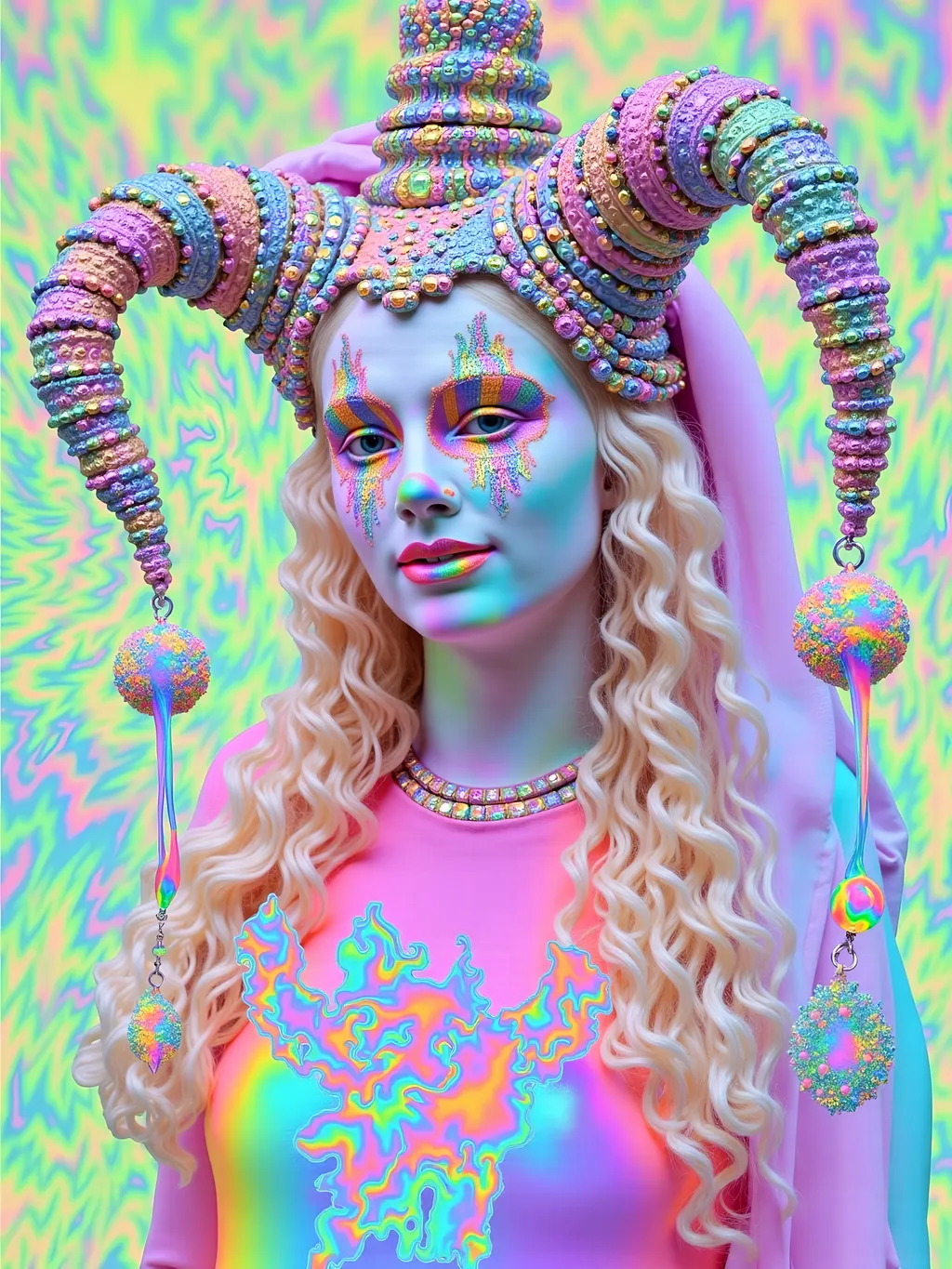 Prompt: A super hyperrealistic yet also illustrative and creative female cosmic jester, made entirely of swirling pure colored light, with long wild curly hair that appears blond but is a dazzling spectrum of hues. She is adorned in beautiful avant-garde "astral" jester's attire, complete with intricate harlequin clown makeup and a HUGELY OVERSTATED jester's hat that twists and bends into impossible, otherworldly shapes. Her hat sparkles with iridescent gems and glowing cosmic patterns, radiating a surreal, trippy energy. Her ensemble includes exquisite, shimmering accoutrements like glowing ribbons of stardust, cascading light veils, and crystalline bells that chime with the sound of distant galaxies. She sparkles, shines, and dazzles in a mesmerizing swirl of ever-changing colors, embodying the essence of cosmic whimsy and wonder. She stands on a floating, kaleidoscopic fractal platform that endlessly morphs and twists through the void of the astral realms. Behind her, a shimmering nebula of liquid rainbow light swirls and pulses, while shimmering comets streak across the scene. The cosmic jester juggles glowing orbs of quantum energy, each orb containing miniature universes that spin and glimmer with infinite possibilities. Her laughter echoes like a symphony of stars, and her every movement leaves trails of dazzling light that ripple like water across the fabric of space-time. The entire scene is awash with iridescent fractal spirals, the platform morphing with Mandelbrot set fractals, while liquid rainbow nebulae and glowing stardust create an atmosphere of pure astral magic.