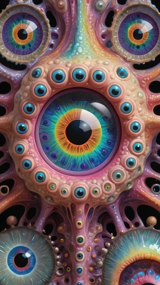 Prompt: an extremely hyper realistic ultra super textural weird trippy surreal psychedelic entity, cantor set, apollonian gaskets, catenoids, white, translucent, clear, bright bright pastel colors, oil slick rainbow sheen effect, lots and lots of light, lots of crazy colorful compound psychedelic human eyes, rows of human teeth, fungus, atoms, diatoms, enneper sufaces, apollonian gaskets, cantor set 