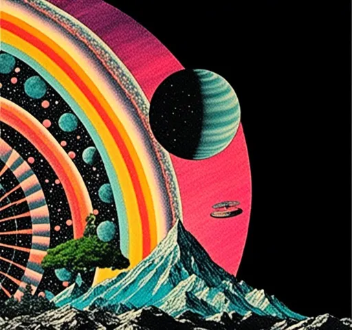 Prompt: <mymodel>Psychedelic trippy collage with a surreal vintage 70s sci-fi feel, vibrant colors, retro futuristic elements, surreal landscapes, detailed psychedelic patterns, high quality, vintage sci-fi, vibrant colors, surreal, detailed patterns, trippy, collage, 70s, retro futuristic, surreal landscapes, detailed, atmospheric lighting