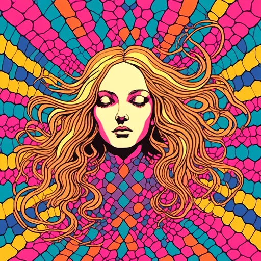 Prompt: <mymodel>Psychedelic poster art illustration of a girl with long blond curly hair, mesmerizing tesseract, vibrant colors, high-quality, surreal, trippy, hypercube, inter-dimensional, extra-dimensional, detailed hair, vibrant and colorful, abstract lighting