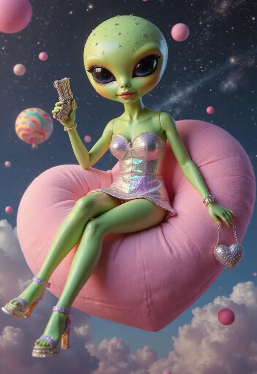 Prompt: A sweetly seductive alien bimbo lounges on a plush floating heart-shaped asteroid drifting through a candy-colored nebula. Her skin is a glowing iridescent neon green and yellow with holographic star freckles, and her smooth conical bald head gleams beneath a translucent visor studded with rhinestone constellations. Her large solid black almond-shaped eyes shine with glassy doll-like intensity, framed by oversized lashes that twinkle with glitter.

She’s dressed in a 60s-style pastel minidress made of shimmering holo-lamé, patterned with tiny chrome hearts and twinkling sparkles that shift as she moves. Her platform boots are translucent jelly filled with floating glitter and miniature ringed planets. She holds a heart-shaped raygun like a purse, dangling it off one finger with playful attitude. Her nails are painted pearlescent lavender, each tipped with a tiny rhinestone.

Behind her, the sky is filled with swirling pastel galaxies, opalescent stars, and soft black-and-white optical illusion clouds. Floating satellites shaped like tiaras and candy hover nearby, dripping with chromatic light. Everything is drenched in soft grainy vintage glamor, like a faded 1970s interstellar Barbie commercial—sweet, ridiculous, and dazzling.

Color palette: cotton candy pink, holographic silver, mint frosting, violet shimmer, and soft sunshine yellow.
Mood: adorable, radiant, PG-13 flirty.
Finish: ultra-glittery, soft-grain analog pastel dream with photoreal sparkle.