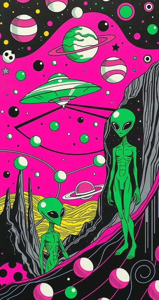 Prompt: an analog retro 70s psychedelic collage, hot pink, neon green, black, white, silver, and other colors, ALIENS, UFO, "LITTLE GREEN MEN", extraterrestrials, alien landscapes, outer space, optical illustions/psychedelic patterns, orbs, planets, galaxies, "flying saucer", crystal technology, circuitboards, positronic networks