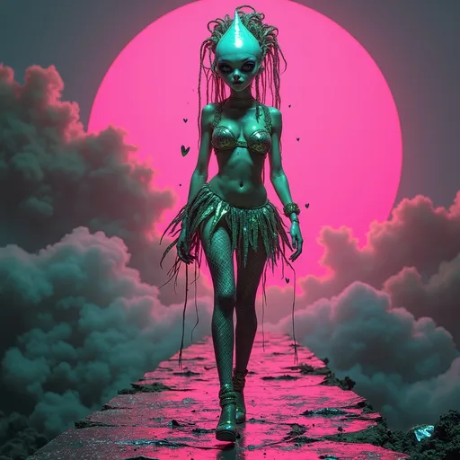 Prompt: A filthy gorgeous alien bimbo stomps down a shattered chrome catwalk hovering above a smoking asteroid junkheap. Her skin is a patchy gradient of sickly lime green and hot pink, mottled with iridescent bruising and glitchy visual interference. Large solid black almond-shaped eyes stare through layers of smeared glitter, cracked mascara, and cosmic ash, unreadable and unbothered. Her conical bald head gleams beneath a melted, tangled bubblegum bouffant wig—charred at the tips, laced with broken wires, candy wrappers, and rhinestone debris.

She’s draped in a torn retro vinyl minidress, once holographic, now dulled with grime, peeling like sunburnt chrome. Bits of holographic heart patches dangle by threads, and the edges of her fishnet stockings are scorched and crusted with glitter rot. One high heel is made from a repurposed raygun barrel, duct-taped at the ankle, sparking faintly. Her clutch purse is a deactivated plasma grenade shell covered in cracked hologram stickers and smudged lip prints.

The world around her flickers with glitchy analog hallucination: black-and-white optical illusion spirals stutter and warp, corrupted lens flares drag across the air, and audio-visual static crackles like ghost commercials from a ruined Martian shopping channel. Trashy neon signs in alien glyphs flicker above her head, half-powered and buzzing. Background textures are layered with VHS grain, rainbow banding, CRT scanlines, and corrupted codec glitch.

Color palette: rotted teal, dirty magenta, chrome grime, flickering UV pink.
Mood: PG-13 flirty apocalypse.
Finish: ultra retro soft analog w/vibrant pops of color, holofractal, grain + severe digital degradation = trashy space hallucination couture.