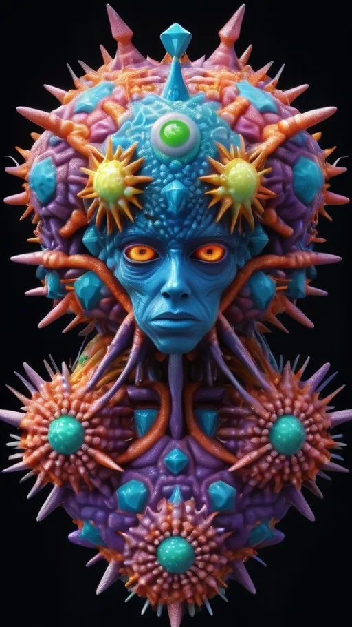 Prompt: Extremely hyperrealistic, ultra textural weird trippy psychedelic humanoid virus creature/entity queen crown jewelry cape, lots of crazy psychedelic compound human eyes, face, head, body, limbs, bright psychedelic colors, lots of light, Gyroid Structures, Moire Patterns, viruses: Viruses, virions, capsid, envelope, nucleocapsid, helical, icosahedral, spherical, filamentous, complex, polyhedral, bullet-shaped, rod-shaped, pleomorphic, enveloped, non-enveloped, spikes, glycoproteins, capsomeres, matrix proteins, lipid bilayer, surface proteins, tail fibers, head-tail structure, symmetry, size, morphology, electron microscopy, viral particles, viral structure, viral architecture, viral shapes, crystalline arrays, viral genome, RNA virus, DNA virus, segmented, non-segmented, capsid symmetry, viral envelope, tegument, viral surface, structural proteins, viral assembly, viral replication, host cell entry, viral budding, viral egress.