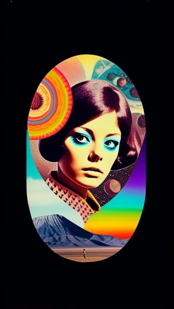 Prompt: a vintage 70s surreal psychedelic collage featuring a photograph of a young woman - it has a vintage 70s surreal science fiction art house feel to it. The photograph is cut out and edited into a collage made up of other photographs and art and feature things such as eyes, psychedelic third eyes, planets and stars, desert alien landscapes and mountains, psychedelic trippy patterns and optical illusions, psychedelic mushrooms, cats, UFOs, etc all mixed up together to create a surreal psychedelic collage effect<mymodel>