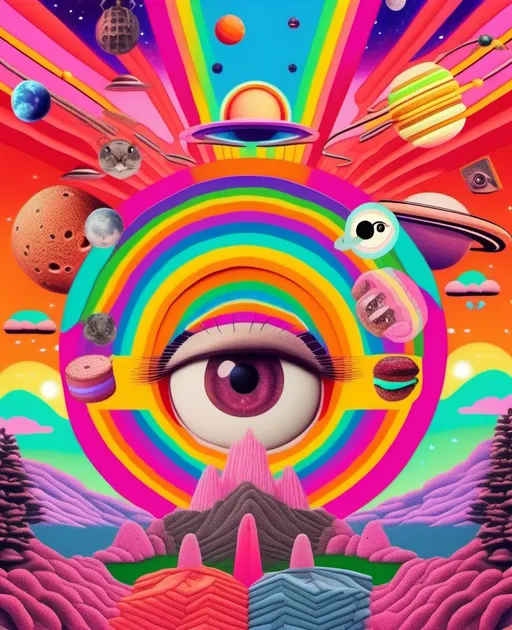 Prompt: a psychedelic collage with a vintage 70s sci animation feel to it except the theme is 90s internet memes. It is to be a collage of photographs and illustrations, outer space, planets, landscapes, optical illusion patterns, geometric shapes, eyes, hands, body parts, with rainbows, 404 error warnings, hamsters, cats, hot dogs, hamburgers, llamas, pickles, candy, chips, pixels, orbs, 90s style iconography spliced together with a vintage 70s psychedelic collage effect<mymodel>