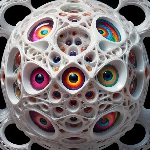 Prompt: a translucent white many sided multidimensional extra dimensional geometric shape churning through many extra dimensions etherically, covered in eyes, biological and mechanical simultaneously with random pops of brilliant vibid psychedelic color- hyperrealism 