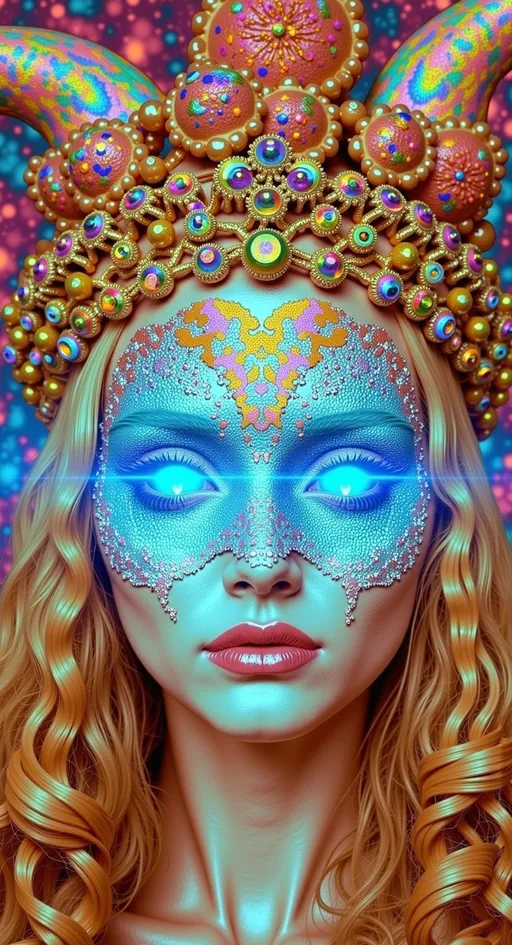 Prompt: Create a super hyperrealistic, finely detailed psychedelic Nouveau illustration of a Cosmic Jester. Feature the word MERRYPRANXTERworked organically into the background somehow.  This enchanting character is a merry prankster of the cosmos, an astral jokester dancing through time and space. She exudes a jester vibe, wearing feminine holographic jester attire & makeup with a feminine, harlequin twist. Not human, but humanoid, she is crafted from vibrant colored light, embodying an extra-dimensional extraterrestrial essence. Her presence is a beacon of joy, as she laughs and twirls through the cosmic astral realms, elevating vibes wherever she roams. 

Her beauty is otherworldly, with long, curly hair that shimmers like a cascade of colored light, appearing blonde yet transcending earthly hues. Her eyes sparkle with mischievous wisdom, and her attire is a dazzling array of intricate patterns and swirling colors, reminiscent of both jester garb and celestial phenomena.

Incorporate the text "the merrypranxter" above her in smaller, elegant lettering, seamlessly blending into the cosmic background. This text should capture the essence of her playful spirit, as if it were a whisper from the universe itself. The illustration should radiate her vibrant energy, portraying her as a timeless wanderer spreading joy and wonder throughout the cosmos.