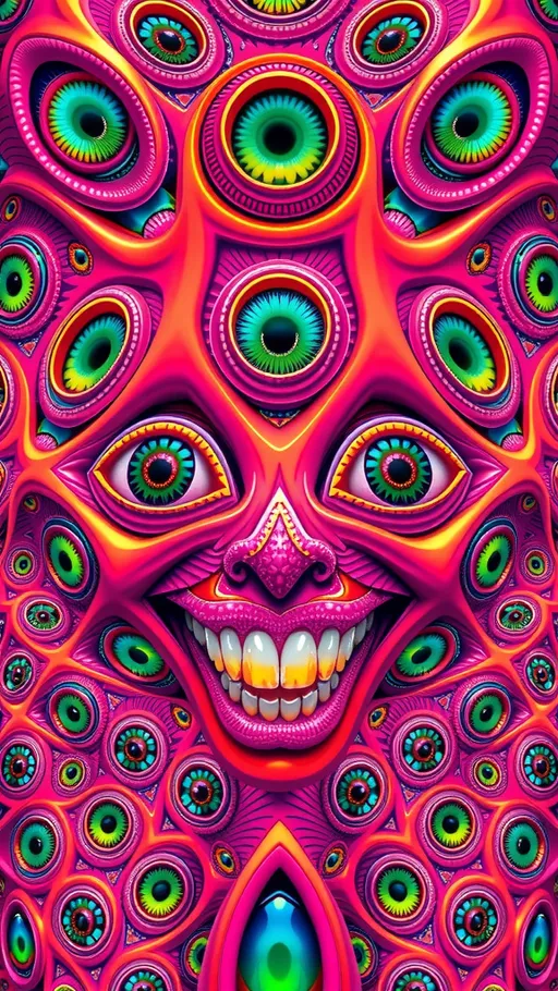 Prompt: an extremely hyper realistic ultra super textural weird trippy surreal abstract psychedelic pattern, lots of crazy psychedelic eyes, female lips, human teeth, Schizophyllum commune,, op art tiling, translucent glass, rose quartz, beryl, opal, kunzite, Pectolite,  Orthoclase , Berkelium , Sodalite , garnet, Rhodium,  lots and lots of light, lots of crazy colorful compound psychedelic human eyes, rows of human teeth, human lips, tongues, lithops, quantum foam, quantum strings, extreme high definition organic and mineral textures, Myrmekitic, banded, fluorescence, Iridescence