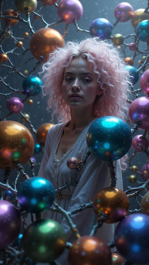 Prompt: A white female figure with a luminous presence, approximately 5’4” and 120 lbs, floats at the heart of a multidimensional sacred harmonic manifold. Her skin glows with iridescent pastel light, and her long, wildly curly pink hair radiates outward like solar flares, interweaving with the surrounding geometry. The manifold around her resembles a Calabi–Yau structure, alive with recursive toroidal flows, Penrose tiling distortions, and golden-ratio helices. Oil-slick iridescence coats the geometry in shifting hues—violet, turquoise, rose-gold—reflecting her inner energetic resonance. Her form is semi-translucent, composed of spectral light and interwoven with fractal circuitry that pulses with chakra-aligned frequencies. Chaotic elements ripple through the environment: Möbius bands twist through dimensionless space, plasma glyphs of forgotten cosmic languages emerge and dissolve, and nonlinear shockwaves of energy disrupt Euclidean order. Behind her, a star-strewn void provides a celestial canvas, pierced by higher-dimensional light flares and fractal starbursts. Her gaze is serene and infinite, as if holding ancient quantum knowledge. The visual texture merges holographic hyperrealism with a delicate analog film grain, evoking the feel of divine cinematography. The composition captures a moment of metaphysical emergence: the soul incarnated as sacred geometry made flesh—both chaotic and ordered, harmonic and wild, divine and personal.
