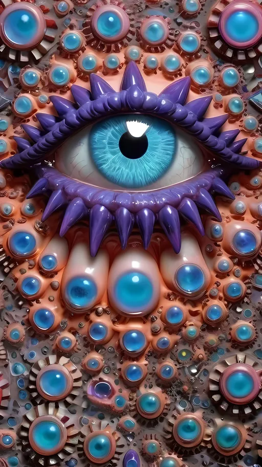 Prompt: Create an extremely hyper-realistic, ultra super textural, weird, trippy, surreal, psychedelic eyes/teeth/mouth pattern/design based on Mandelbrot & “Op Art tiling” with lots of human eyes (crazy colorful compound psychedelic), rows of human teeth, human lips, and tongues. 

- **Colors**: determined by the properties and expressions of the elements (& their isotopes), minerals, and metals: opal, moonstone, amethyst, rose quartz, Platinum (Pt)

**Shapes and forms**
- Mandelbrot 
- "Op Art tiling" 
-other shapes determined by the natural properties and expressions of the elements (& their isotopes), minerals, metals, and biological organisms: opal, moonstone, amethyst, rose quartz,  Platinum (Pt)


- **Textures**: Derived from any/all elements (& their isotopes), minerals, metals, crystals, organic things mentioned in this prompt: opal, moonstone, amethyst, rose quartz, Platinum (Pt)

**Composition and Layout**:
- a pattern/design based on the Op Art tiling & Mandelbrot 

**Lighting**:
- lots of bright light
- Iridescence

**Detail and Atmosphere**:
- Extreme hyperrealistic sharp high detail high definition organic and mineral textures
- Psychedelic, weird, odd, surreal atmosphere
- Frozen in time

**Additional Elements**:
- extra rows of teeth, lips, many eyes, Op Art tiling, Mandelbrot, Iridescence
