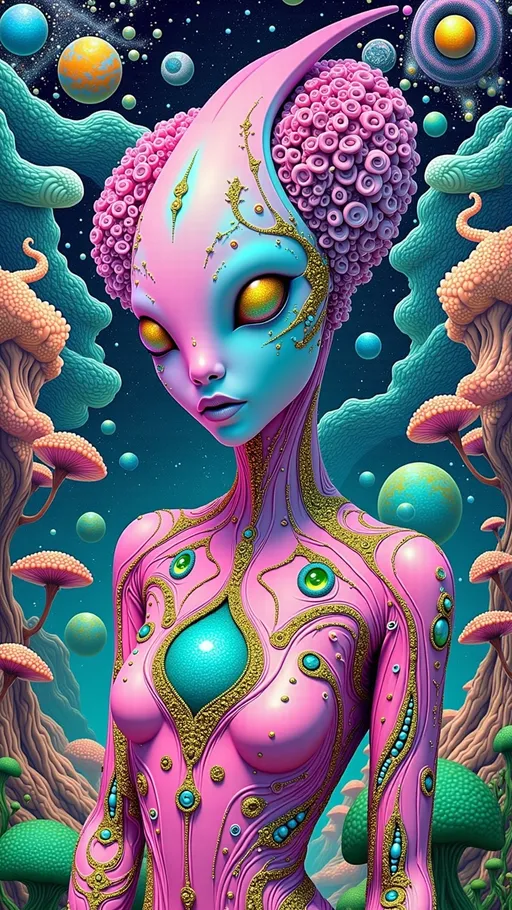 Prompt: **Prompt:**  
"A surreal retro-psychedelic collage featuring a pink alien humanoid with a sleek, elongated head that tapers elegantly at the top, her skin glowing with a bioluminescent shimmer. Her voluminous, curly neon-pink hair cascades like candy floss, framing her exaggerated, oversized pouty lips, which are plush, glossy, and irresistibly kissable, glowing faintly as if charged with cosmic energy. Her large, almond-shaped eyes dominate her face, their irises shifting like liquid opals between lavender, cerulean, and gold, with pearlescent white sclera adding an ethereal intensity to her gaze. Delicate, glowing markings in the shape of constellations trace her temples, hinting at her celestial origins. She wears a holographic pink latex space suit that clings to her form and radiates iridescent hues, reflecting the swirling starlight around her.  

The background is a chaotic, surreal expanse of space, blending vibrant, swirling galaxies in magenta, turquoise, and orange with retro 1960s-style patterns, like checkerboards, spirals, and melting shapes. Planets with glittering rings float alongside distorted, vintage sci-fi spaceships, while glowing nebulae twist into optical illusions. The entire scene feels like a trippy, cosmic fever dream, with textures and colors bleeding together in a kaleidoscopic haze. The composition has an agog finish, with every detail exaggerated and vibrating with energy, as though the universe itself is alive and pulsing in sync with her presence. This alien goddess is both glamorous and surreal, a living embodiment of cosmic psychedelia."  

retro analog style finish 