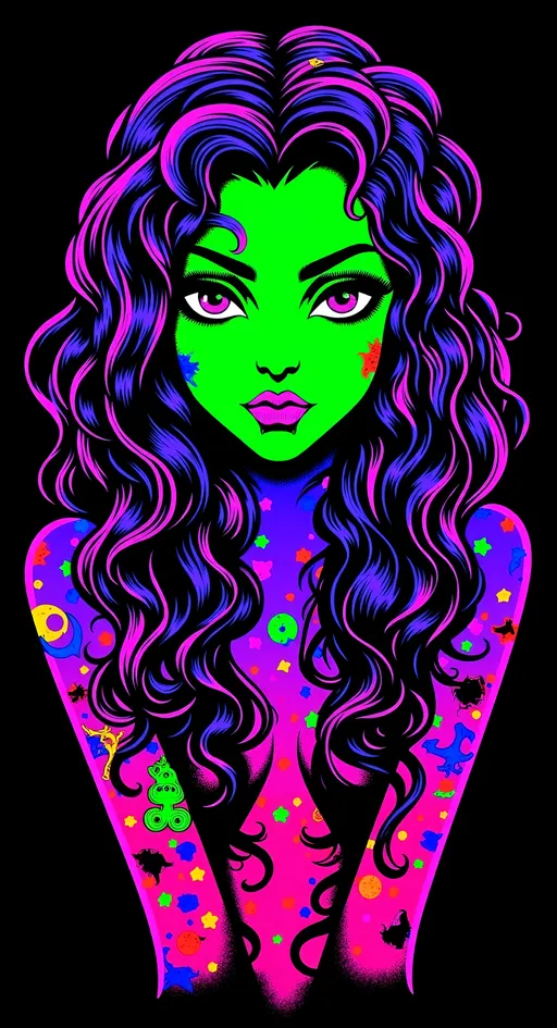 Prompt: <mymodel>Vintage 70s black light poster illustration of a green-skinned retro alien female, long curly hair, futuristic alien fashions, alien makeup, rockabilly pinup style, vibrant neon colors, psychedelic patterns, detailed hair and outfit, high-quality, retro, black light, vibrant colors, psychedelic, 70s style, pin-up, alien fashion, detailed illustration, professional, atmospheric lighting