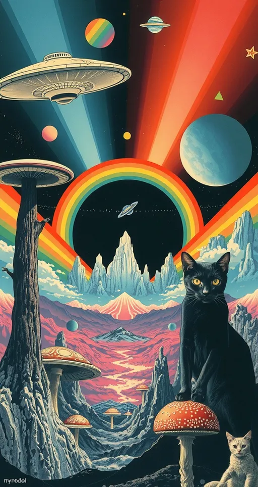 Prompt: <mymodel> Vintage 70s psychedelic surreal sci-fi Collage, analog, cut & paste, outer space, rainbows, spectrum, optical illusions/trippy patterns, surreal alien landscapes, UFOs, « little green men », psilocybin mushrooms, geometric shapes , planets, orbs, black night sky with stars, in the center, cats, 