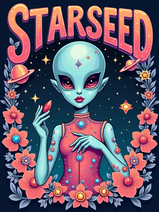 Prompt: Text - STARSEED - in a cursive hand drawn decorative art nouveau organic script style- Design 3 color a pop art nouveau t-shirt featuring a Lisa Frank-inspired 80s glam futuristic alien woman, limited to four vibrant colors. The central figure should be an alien woman with a classic 'gray' alien appearance—big pointed head and large solid dark almond-shaped solid colored dark shining eyes—styled with glamorous 80s fashion elements. Use bright, bold colors typical of Lisa Frank, incorporating metallic and neon hues to emphasize the futuristic theme. Surround her with whimsical elements like stars, planets, galaxies, and UFOs, all infused with a pop art nouveau flair. Add details such as sparkling jewelry, bold makeup, and flowing hair, reminiscent of 80s glam. The design should be eye-catching and energetic, blending the playful essence of Lisa Frank with the elegance of art nouveau, perfect for a standout t-shirt.