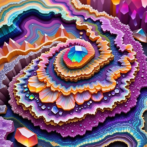 Prompt: "'Derek' '&' 'Merry'" must be seamlessly integrated into the scene, their forms crafted naturally from vibrant, colorful elements like opal, bismuth, labradorite, and quartz. The Mandelbrot fractal spirals infinitely, its glowing edges shimmering with the iridescent blues, greens, and purples of labradorite. The letters of "Derek & Merry" emerge from the fractal’s geometry, their surfaces glinting like polished opal, with fiery flashes of orange, pink, and violet shifting as if alive.

Bismuth crystals, with their angular, metallic rainbow formations, grow into the text, their intricate stair-step shapes forming the "&" symbol and parts of the letters. Quartz spires pierce through the fractal landscape, their translucent forms refracting light into a kaleidoscope of colors that dance across the scene. The text feels as though it has grown naturally from these minerals, blending seamlessly with the fractal's recursive beauty.

Above, the sky flows like liquid light, swirling with hues of molten gold and deep sapphire, echoing fluid dynamics. These currents occasionally shape themselves into fleeting patterns, spelling "Derek & Merry" before dissolving into the vibrant ether. Tiny quantum particles flit along the edges of the scene, glowing like microscopic stars, their motion creating a subtle hum that resonates through the fractal and mineral structures.

The entire composition is alive with color and energy, the interplay of opal, bismuth, labradorite, and quartz creating a scene both surreal and harmonious. "Derek & Merry" is not just part of the image but its very essence, seamlessly woven into the infinite fractal patterns and radiant natural elements.