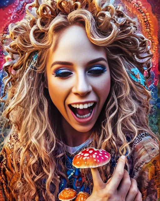 Prompt: Crazy hyperrealistic psychedelic hallucination of an ecstatic girl, dressed in fungal attire, mushroom clothing and accessories, long blond curly hair, obsessing over brightly colored psychedelic mushrooms, wearing mushrooms, holding mushrooms, hyperrealistic, psychedelic, ecstatic, vibrant colors, detailed hallucination, colorful, wild, surreal, trippy, bright lighting, surreal artstyle, colorful mushrooms, hyper-detailed, mesmerizing, high quality