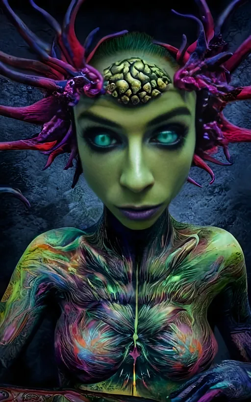 Prompt: Extreme psychedelic hyperrealism- Super high definition ultra textural floral entity psychedelic hallucination surrealism, psychedelic alien flower creature, detailed, highres, intense colors, eerie lighting, bizarre features, unsettling atmosphere, otherworldly, distorted proportions, mind-bending, dreamlike, abstract,, organic textures