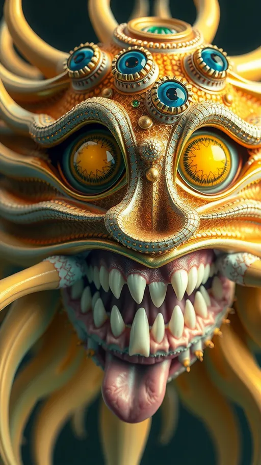 Prompt: Create an extremely hyper-realistic, ultra super textural, weird, trippy, surreal, psychedelic eyes/teeth/mouth creature/entity based on “metatron’s cube” with lots of human eyes (crazy colorful compound psychedelic), rows of human teeth, human lips, and tongues. 

- **Colors**: determined by the properties and expressions of the elements (& their isotopes), minerals, and metals: Nickel (Ni), Aventurine, Chrysoberyl

**Shapes and forms**
- “Metatron's Cube”
-other shapes determined by the natural properties and expressions of the elements (& their isotopes), minerals, metals, and biological organisms: diatoms, Nickel (Ni), Aventurine, Chrysoberyl


- **Textures**: Derived from any/all elements (& their isotopes), minerals, metals, crystals, organic things mentioned in this prompt: “Metatron's Cube” Nickel (Ni), Aventurine, Chrysoberyl

**Composition and Layout**:
- a pattern/design based on the “Metatron's Cube”

**Lighting**lots and lots of bright shining reflective light
- Trichroism


**Detail and Atmosphere**:
- Extreme hyperrealistic sharp high detail high definition organic and mineral textures
- Psychedelic, weird, odd, surreal atmosphere
- Frozen in time

**Additional Elements**:
- extra rows of teeth, lips, many eyes, diatoms, “Metatron's Cube” , Aventurescence, Chatoyancy
