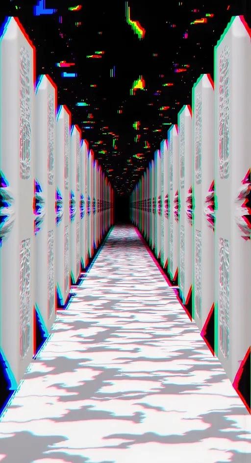 Prompt: Enter a 3D space with a distinct floor, immersing you in a glitchy computer screen aesthetic from the 1990s, dominated by white and light grays, with subtle black accents. This environment is inspired by a vibrant pattern featuring geometric shapes—triangles, spirals, and zigzags—set against a predominantly white grid. 

The space is alive with digital distortions: chromatic aberration creates subtle rainbow edges against the monochrome backdrop, while pixelation adds a textured layer. Screen tearing introduces jagged lines, and ghosting leaves faint trails. Experience color banding as gradients shift, and digital noise adds a soft grain.

Scanlines ripple gently, and VHS tracking errors create horizontal disruptions. Moiré patterns swirl subtly, while rolling shutter effects warp perspectives. Compression artifacts introduce delicate blocky distortions, and burn-in effects leave soft imprints. Bloom effects add a gentle halo of light.

Jittering pixels flicker with colored accents, and corrupted data streams weave like digital threads. Buffer overflows spill chaotic data, while glitch art aesthetics transform errors into visual poetry. Aliasing creates sharp edges, dithering smooths transitions, and frame skipping generates a stuttered motion.

Video glitches like color bleeding, static interference, and signal distortion bring a subtle audiovisual symphony. Experience desynchronization, where audio and visuals fall out of sync, and macroblocking, where large pixel blocks disrupt clarity. 

This dynamic, ever-shifting environment is a vibrant, retro-futuristic wonderland with a minimalist palette, accented by bursts of color that bring the scene to life.

---

How’s that for a toned-down, glitchy vibe with colorful accents?