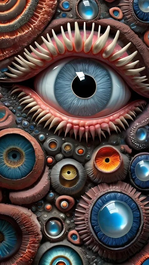 Prompt:  An extremely hyper-realistic, ultra-textural, weird, trippy, surreal, psychedelic pattern/design featuring eyes, teeth, mouths, & tongues. The design should be based on the “Mandelbrot” & “op art tiling” concepts, w/ an abundance of human eyes (crazy colorful compound psychedelic), rows of human teeth, human lips, & the elements, minerals, organisms: 
- Moonstone
- Selenite
- Labradorite
- niobium 
- potassium

**colors/lighting/Shapes/Forms/Textures**: 
- Main form: “Mandelbrot”
- Additional colors/shapes/forms/textures/arrangements determined by the natural properties/expressions of the listed elements, minerals, metals, & biological organisms. Capture their crystal structures, atomic arrangements, & natural formations. Express their raw, rough, & detailed textures, including crystal structures, surface finishes, & unique textural properties.
- Express the shapes, forms, structures, & arrangements of the listed elements, minerals, pigments, crystals, or biological organisms.
- Reflect intricate crystal structures, atomic arrangements, & natural formations.
- Integrate unique textural properties & surface characteristics into the pattern.
- Arrangement influenced by natural aggregates/combinations, creating a cohesive design.
-Intense, bright, reflective light
- Express the various lighting properties, effects, & illusions of listed elements, minerals, biological entities, & crystals.
- Capture interactions w/ light, including reflections, refractions, iridescence, & other optical phenomena. Use lighting to emphasize intricate details, textures, shapes, & forms.

