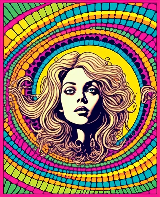 Prompt: <mymodel>Psychedelic poster art illustration of a girl with long blond curly hair getting beamed up into a flying saucer UFO, vibrant and surreal colors, trippy visual effects, detailed facial features with wide eyes and flowing hair, surreal abduction scene, high quality, vibrant colors, surreal, psychedelic, detailed facial features, poster art style, trippy visual effects, surreal abduction, vibrant and surreal colors, flowing hair, wide-eyed gaze, professional, atmospheric lighting