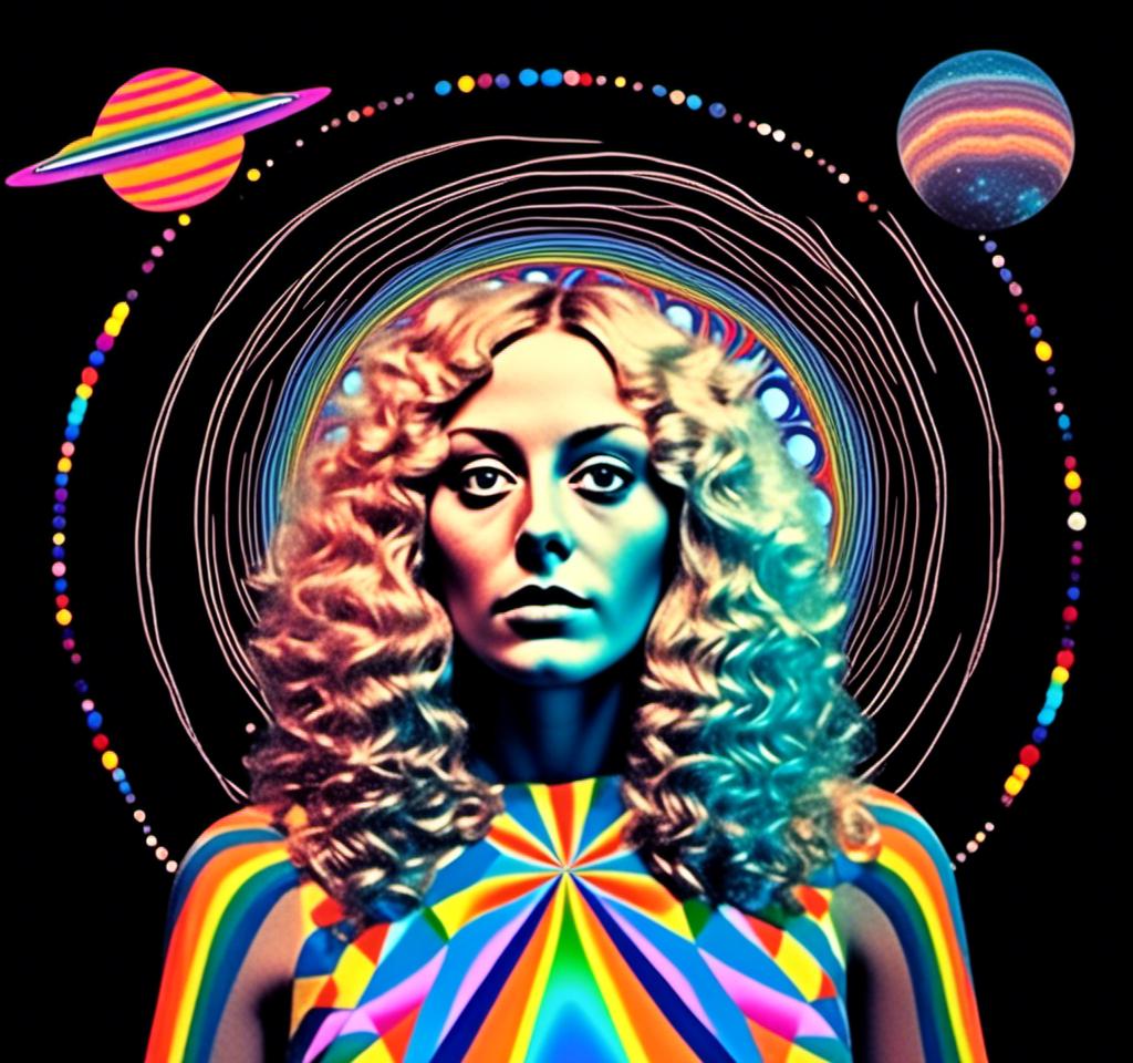 Prompt: A psychedelic collage featuring a photograph of a woman with blond curly long hair. The photo is cut and spliced with other photos and drawings of aliens, UFOs, rainbow spectrums are erupting from places, planets, stars, landscapes, and sparkles set amidst optical illusions of all kinds in geometric shapes giving an otherworldly surreal bizarre ufo alien effect to this psychedelic collage <mymodel>