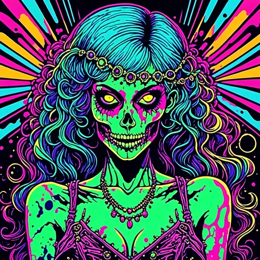 Prompt: <mymodel>70s black light poster, retro punk zombie babe, vibrant oooze, psychedelic, high quality, vector illustration, retro, punk, zombie, vibrant colors, neon lighting, oozing details, vintage, psychedelic art, retro fashion, glow effects, detailed hair, mesmerizing eyes