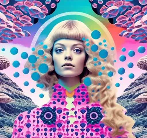 Prompt: a psychedelic collage reminiscent of 70s psychedelic sci fi collage artwork celebrating a girl on mushrooms. It is to feature a photograph of a woman with blond curly hair that is edited by splicing it with other images from photographs, magazines, newspapers, illustrations/paintings to create the impression she is high on magic mushrooms. The work will include such elements as a psychedelic 3rd eye open, stars and planets, trippy optical illusions and patterns, psilocybin cubensis mushrooms, fractals, UFOs, aliens, geometric shapes, auras, rainbow spectrums, sacred geometry, trippy drippy stuff, psychedelic hallucinations, open eyes, landscapes of astral worlds<mymodel>